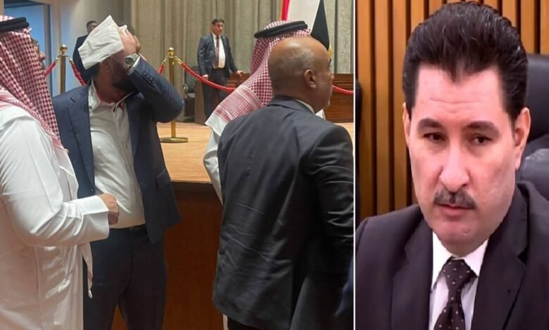 هيبت الحلبوسي يضمد رأسه بمنديل بعد الاعتداء