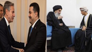 على اليسار الحسان والسيستاني وعلى اليمين بلينكن والسوداني