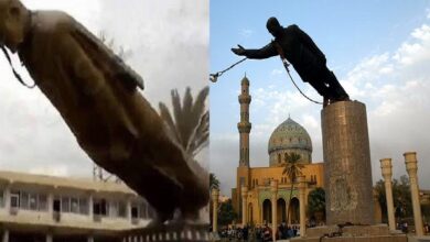 على اليمين إسقاط تمثال لصدام وعلى اليسار إسقاط تمثال لحافظ الأسد