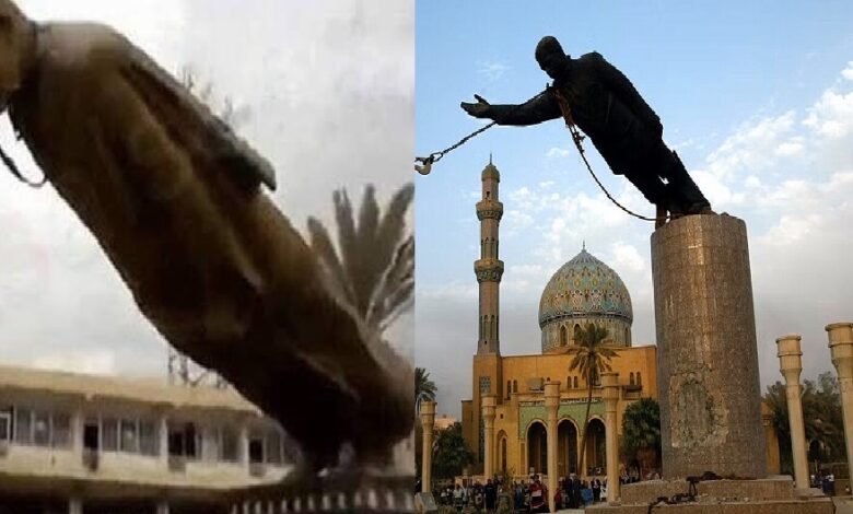 على اليمين إسقاط تمثال لصدام وعلى اليسار إسقاط تمثال لحافظ الأسد